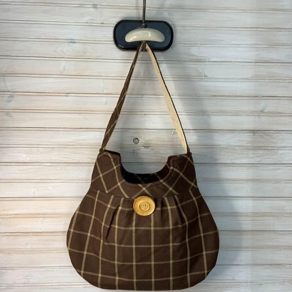 NEW Handmade Brown & Tan Shoulder Bag with Grid Pattern and Slouchy Silhouette